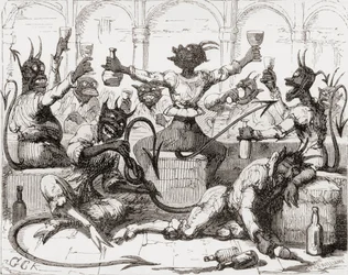 "Medan Beelzebub knyter väldiga knutar i sin berättelse", illustration efter George Cruikshank till dikten "The Lay of St. Cuthbert", ur "The Ingoldsby Legends or Mirth and Marvels" av Thomas Ingoldsby, s.